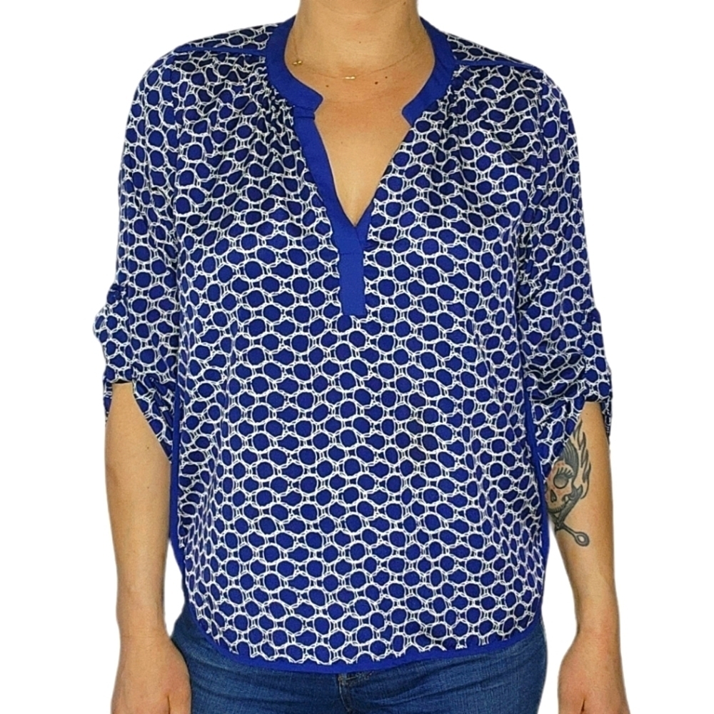 Eclair Polka-dot Quarter Sleeve Henley Blouse Blue White Size Large Petite
